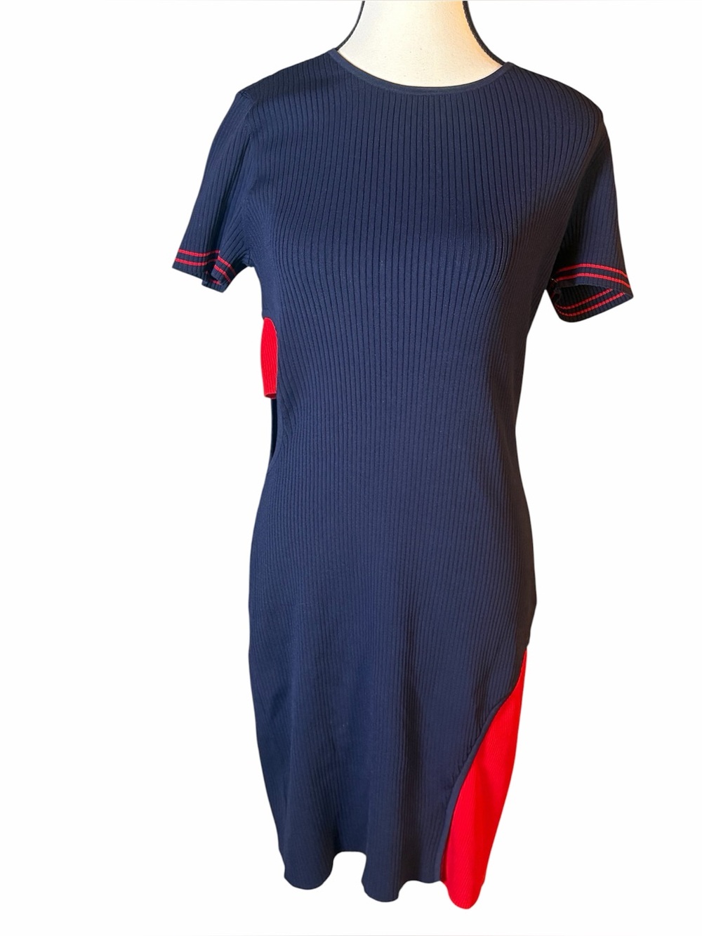 Parker New York Ruthie Knit Dress Navy Blue Red Side Cutouts Short Sleeve Size M